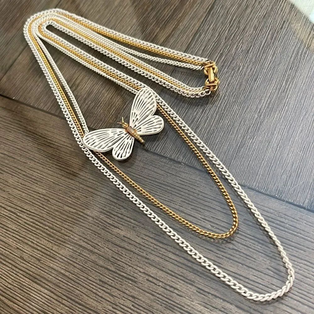 Vintage Gold-toneβ& White Enamel Multi Chain Butterfly Necklace